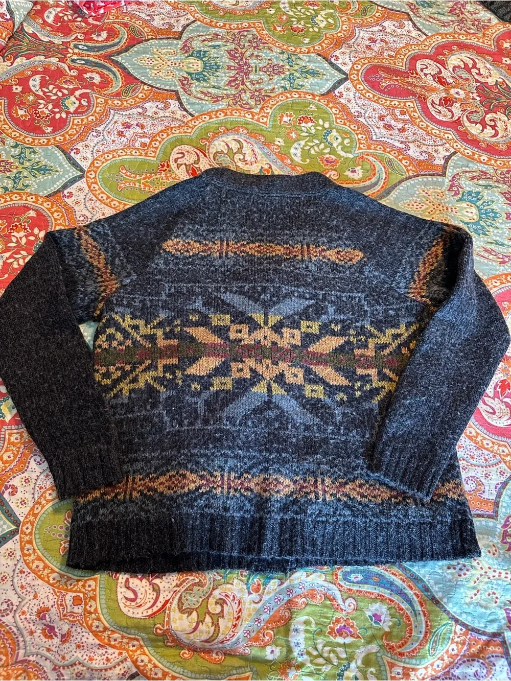 Royal Robbins Navy Cardigan with Tan and Rust Fair Isle Detail